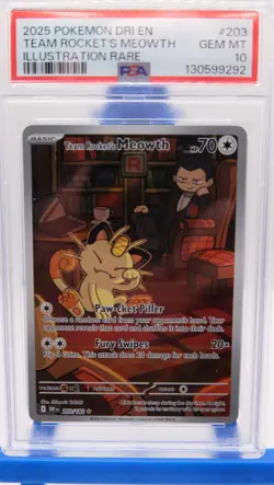 2025 Pokemon Team Rocket's Meowth 203/182 Sv10: Destined Rivals Holo PSA 10 - Image 1