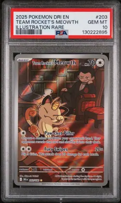2025 POKEMON DESTINED RIVALS ILLUSTRATION RARE #203 TEAM ROCKET'S MEOWTH PSA 10 - Image 1