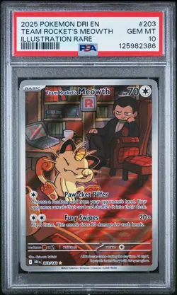 2025 POKEMON DESTINED RIVALS ILLUSTRATION RARE #203 TEAM ROCKET'S MEOWTH PSA 10 - Image 1