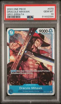 PSA 10 Gem Mint Dracule Mihawk OP01-070 Errata One Piece Romance Dawn 2022 - Image 1