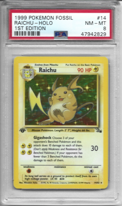 Pokemon 1999 Fossil Raichu Holo 1st Edition 14/62 PSA 8 - Image 1