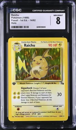 CGC 8 1st Edition Raichu 1999 Fossil 14/62 Holo Pokemon Card psa - Image 1