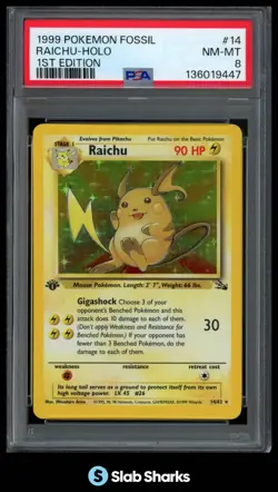 1999 POKEMON FOSSIL 1ST EDITION #14/62 RAICHU HOLO PSA 8 - Image 1
