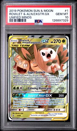 2019 POKEMON SUN & MOON UNIFIED MINDS #1 ROWLET & ALOLAN EXEGGUTOR GX PSA 10 - Image 1