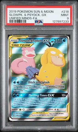 2019 POKEMON SUN & MOON UNIFIED MINDS #218 FULL ART/SLOWPOKE & PSYDUCK GX PSA 9 - Image 1