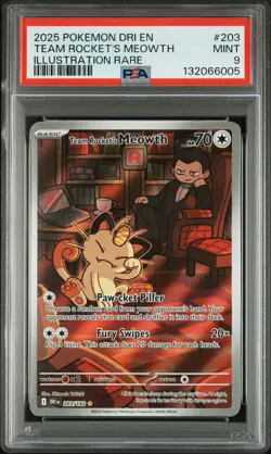 2025 POKEMON DRI EN-DESTINED RIVALS ILLUSTRATION RARE TEAM ROCKET'S MEOWTH PSA 9 - Image 1