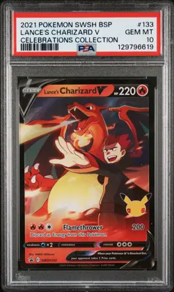2021 POKEMON SWSH BLACK STAR PROMO CELEBRATIONS COLL LANCE'S CHARIZARD V PSA 10 - Image 1