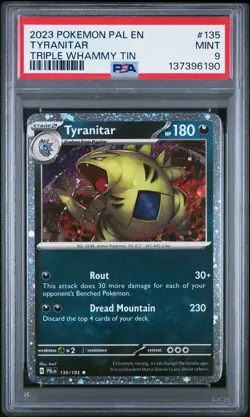 2023 POKEMON PAL EN-PALDEA EVOLVED TRIPLE WHAMMY TIN #135 TYRANITAR PSA 9 - Image 1
