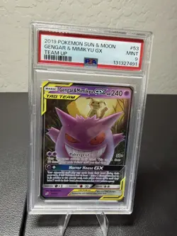 2019 POKEMON SUN & MOON TEAM UP #53 GENGAR & MIMIKYU GX PSA 9 - Image 1