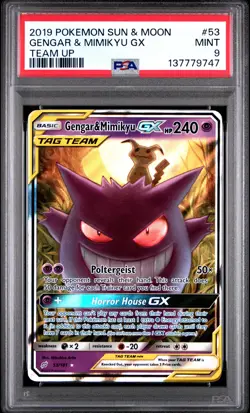 2019 POKEMON SUN & MOON TEAM UP #53 GENGAR & MIMIKYU GX PSA 9 - Image 1