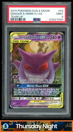 2019 POKEMON SUN & MOON TEAM UP #53/181 GENGAR & MIMIKYU GX TAG TEAM PSA 9 - Image 1