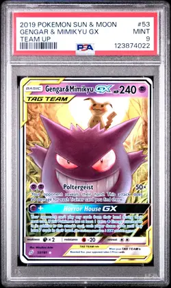 2019 POKEMON SUN & MOON TEAM UP #53 GENGAR & MIMIKYU GX PSA 9 - Image 1