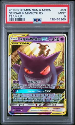 2019 POKEMON SUN & MOON TEAM UP #53 GENGAR & MIMIKYU GX PSA 9 - Image 1