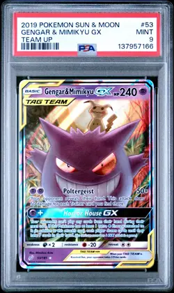 2019 POKEMON SUN & MOON TEAM UP #53 GENGAR & MIMIKYU GX PSA 9 - Image 1