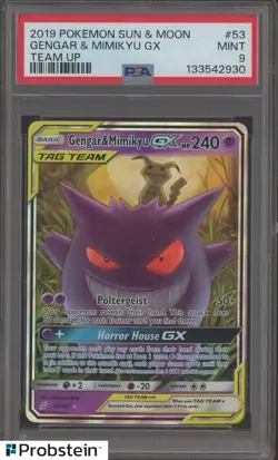 2019 Pokemon TCG Sun & Moon Team Up #53 Gengar & Mimikyu GX PSA 9 MINT - Image 1