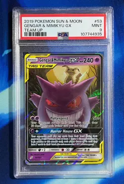 PSA 9 2019 POKEMON SUN & MOON TEAM UP #53 GENGAR & MIMIKYU GX TEAM UP Nm M - Image 1