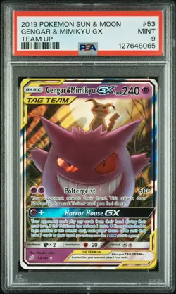 2019 POKEMON SUN & MOON TEAM UP #53 GENGAR & MIMIKYU GX PSA 9 - Image 1
