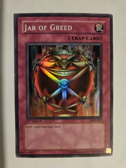 Yu-Gi-Oh Jar of Greed - LON-047 - Excellent Condition - Super Rare - 1st Edition - Image 1