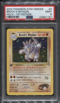 PSA 9 1st Edition Gym Heroes Brock's Rhydon 2/132 Holo Rare Pokemon TCG - Image 1