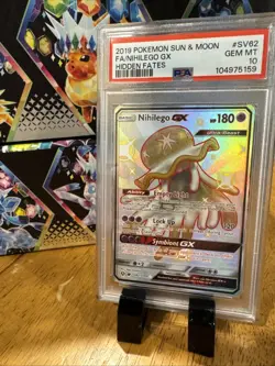 EN Pokemon 2019 Sun & Moon Hidden Fates Full Art Nihilego GX SV62/SV94 PSA 10 - Image 1