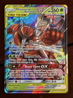 Pokemon Unbroken Bonds Pheromosa & Buzzwole GX 1/214 Tag Team Full Art Holo - Image 1