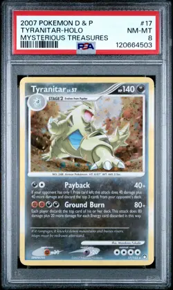 2007 POKEMON DIAMOND & PEARL MYSTERIOUS TREASURES #17 TYRANITAR-HOLO PSA 8 - Image 1