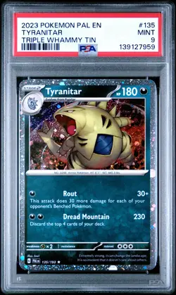 2023 POKEMON PAL EN-PALDEA EVOLVED TRIPLE WHAMMY TIN #135 TYRANITAR PSA 9 - Image 1
