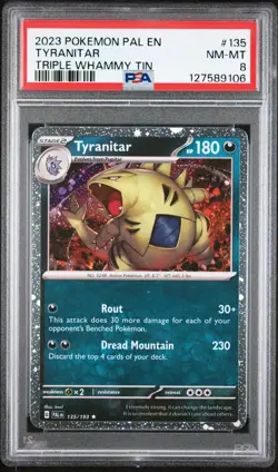 2023 POKEMON PAL EN-PALDEA EVOLVED TRIPLE WHAMMY TIN #135 TYRANITAR PSA 8 - Image 1