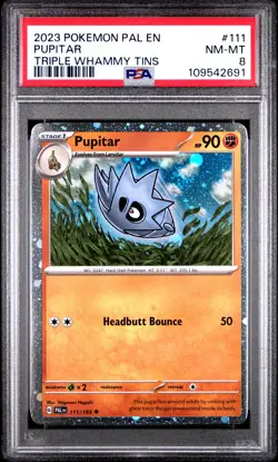 2023 POKEMON PAL EN-PALDEA EVOLVED TRIPLE WHAMMY TIN #111 PUPITAR PSA 8 - Image 1