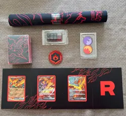 Team Rocket's Moltres UPC Stamped Card Set With Playmat Deck Box Coins And Dice - Image 1