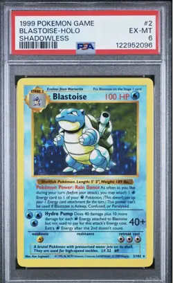Blastoise 2/102 - Base Set SHADOWLESS Holo Rare - 1999 Pokemon #2 PSA 6 EX-MT - Image 1