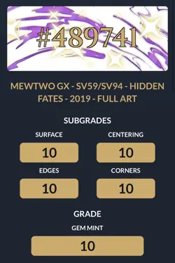 Mewtwo GX SV59/SV94 - Hidden Fates - Pokemon Card - English- ACE 10 Perfect Subs - Image 2