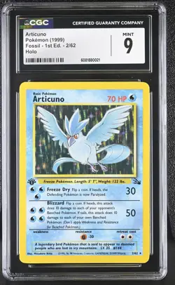 CGC 9 MINT Articuno 1999 Fossil 1st Edition 2/62 Holo Pokemon Card - Image 1