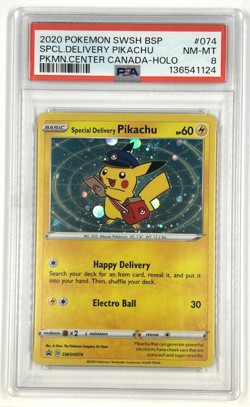2020 Pokemon SWSH Black Star SP Delivery Pikachu Pkmn Center Canada Holo PSA 8 - Image 1