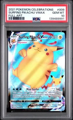 2021 POKEMON CELEBRATIONS #009 FULL ART/SURFING PIKACHU VMAX PSA 10 - Image 1