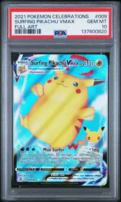 2021 POKEMON CELEBRATIONS #009 FULL ART/SURFING PIKACHU VMAX PSA 10 - Image 1