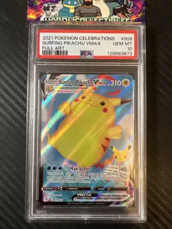 Pokemon Celebrations Surfing Pikachu VMAX PSA 10 Gem Mint Holo Rare Card 009/025 - Image 1