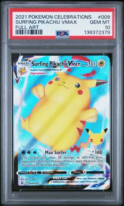 2021 POKEMON CELEBRATIONS #009 FULL ART/SURFING PIKACHU VMAX PSA 10 - Image 1