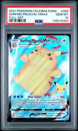 2021 POKEMON CELEBRATIONS #009 FULL ART/SURFING PIKACHU VMAX PSA 10 - Image 1