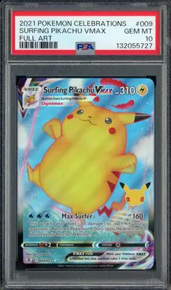 2021 Pokemon Celebrations Full Art #009 Surfing Pikachu VMAX PSA 10 GEM MINT - Image 1