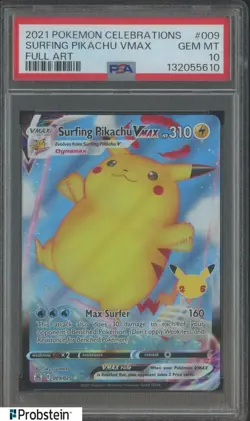 2021 Pokemon Celebrations Full Art #009 Surfing Pikachu VMAX PSA 10 GEM MINT - Image 1