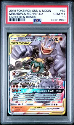 2019 POKEMON SUN & MOON UNBROKEN BONDS #82 MARSHADOW & MACHAMP GX PSA 10 - Image 1