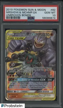 2019 Pokemon TCG Sun & Moon Unbroken Bonds #82 Marshadow & Machamp GX PSA 10 - Image 1