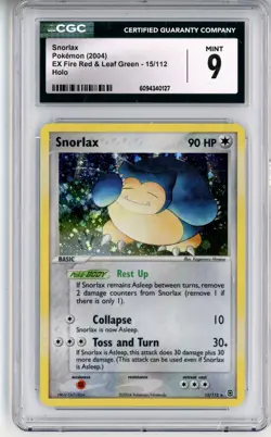 CGC MINT 9 Pokemon Trading Card Game Snorlax 15/112 FireRed & LeafGreen Holo - Image 1
