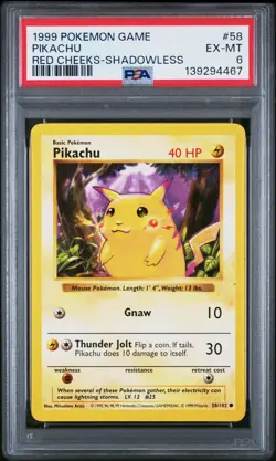 PIKACHU Red Cheeks Base Set Shadowless #58 PSA 6 Vintage Pokemon - Image 1