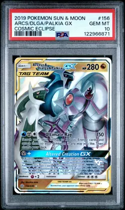 2019 POKEMON SUN & MOON COSMIC ECLIPSE #156 ARCEUS & DIALGA & PALKIA GX PSA 10 - Image 1