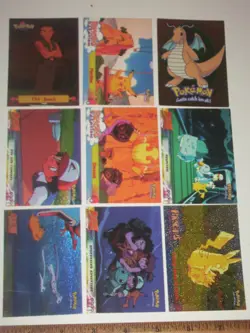 9 Topps 1999 Pokemon trading cards from black & blue sets. 4 chrome, Dragonite. - Image 1