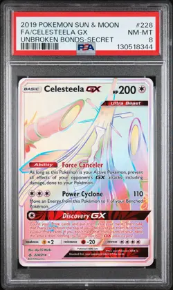 2019 POKEMON SUN & MOON UNBROKEN BONDS SECRET #228 FULL ART/CELESTEELA GX PSA 8 - Image 1
