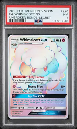 2019 POKEMON SUN & MOON UNBROKEN BONDS SECRET #226 FULL ART/WHIMSICOTT GX PSA 7 - Image 1