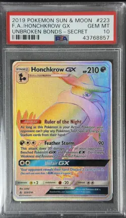 2019 POKEMON SUN & MOON UNBROKEN BONDS FA/HONCHKROW GX#223 SECRET PSA 10 - Image 1